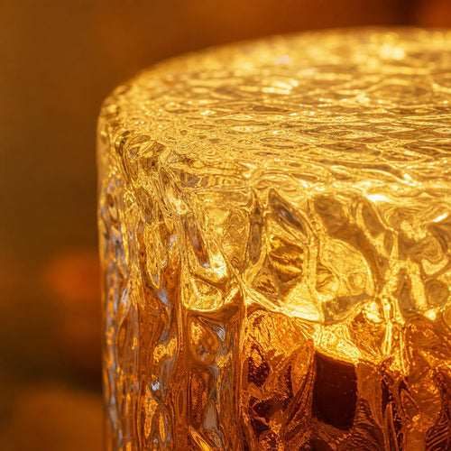 Close-up of the frosted crackled glass texture of the round Emberglow lamp