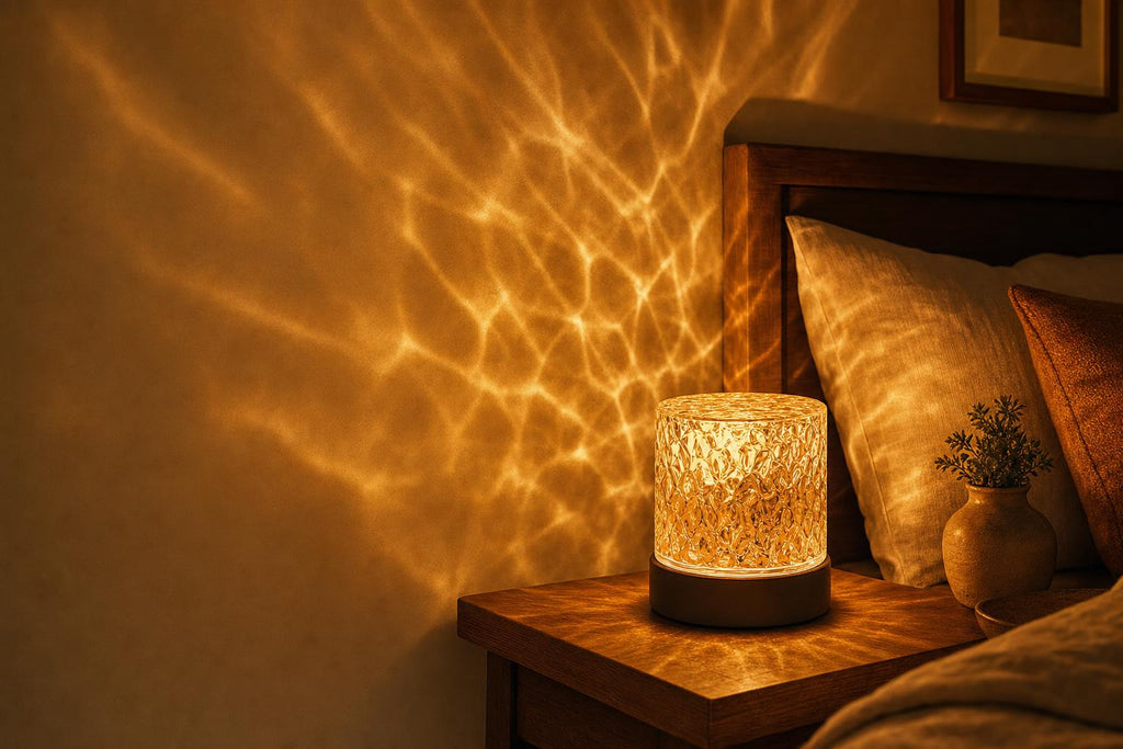 Emberglow lamp on a nightstand casting a strong warm light ripple effect on the wall