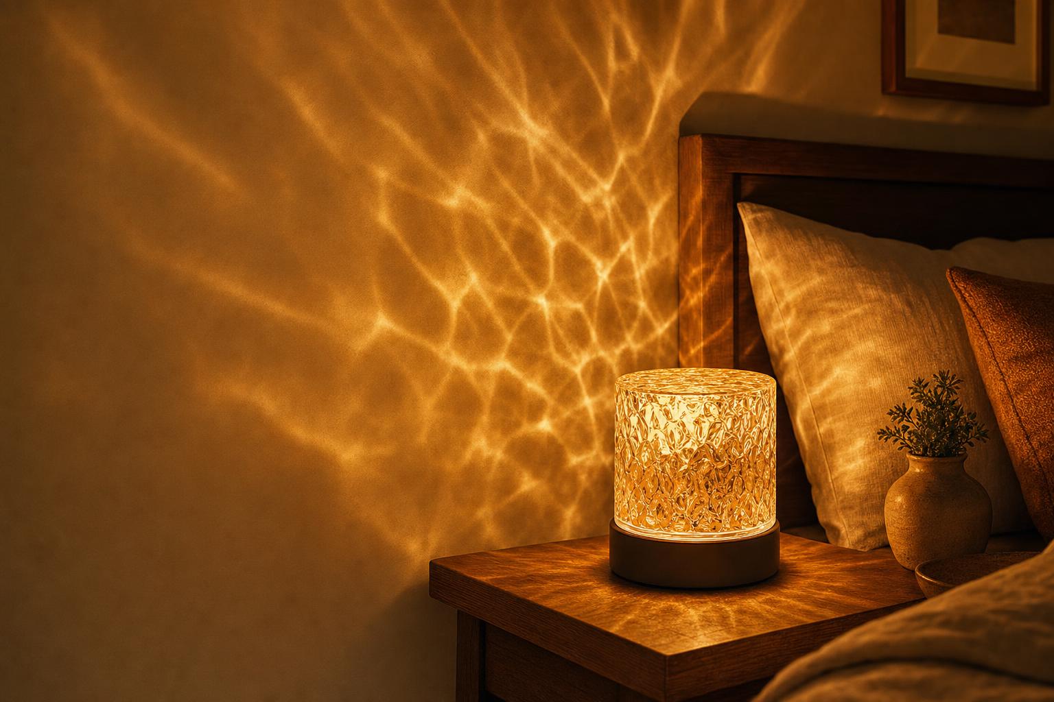Emberglow lamp on a nightstand casting a strong warm light ripple effect on the wall