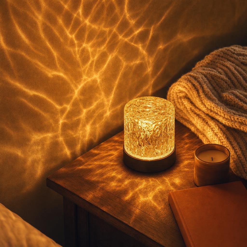 Emberglow lamp on a nightstand with blanket and candle casting warm light ripples