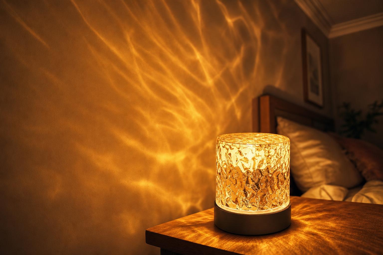 Emberglow round lamp casting dramatic warm light ripples across a bedroom wall at night